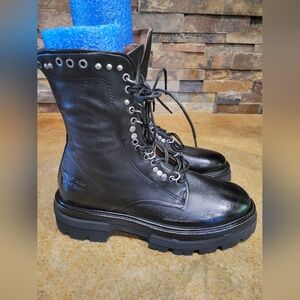 NIB A.S.98 HUBIE Black Leather Combat Boots with Stud Detail - Women 38